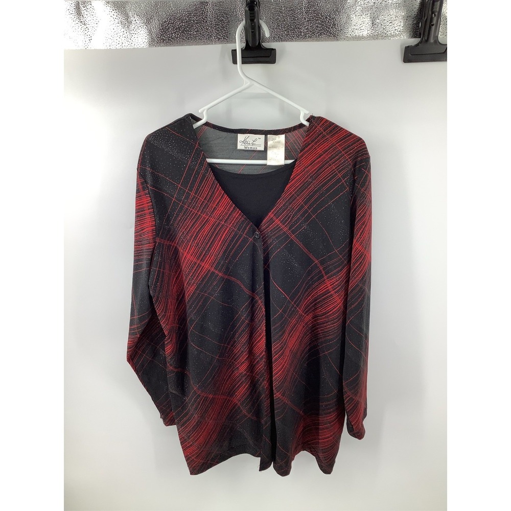Kathie Lee Woman Plus 18/20 Red Black Shimmer Abstract Layered V-Neck Blouse